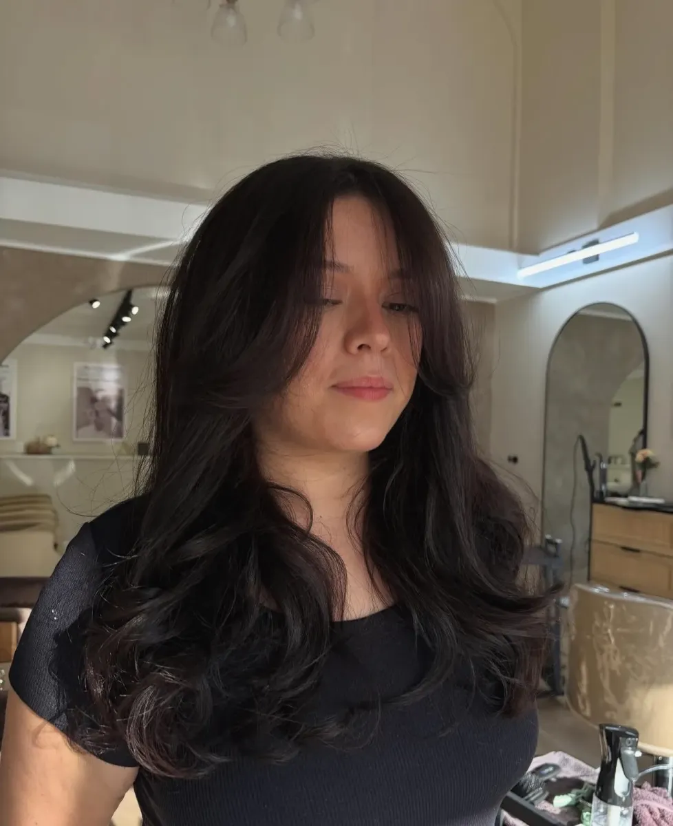 Long black hair with subtle layers and natural volume